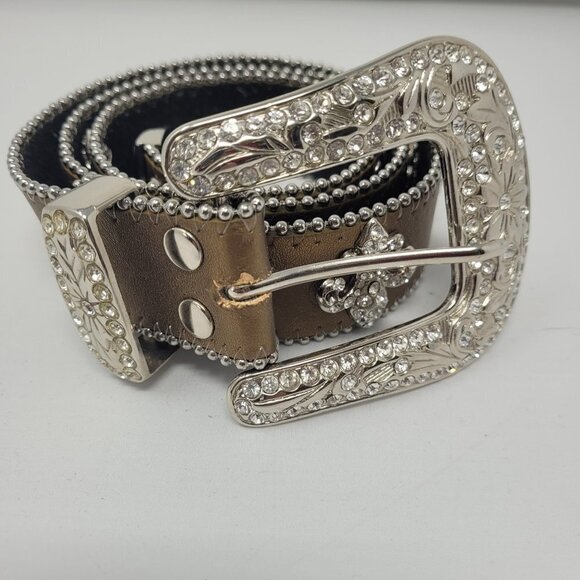 Accessories - Leather Bronze Fleur De Lis Western Rhinestone Belt